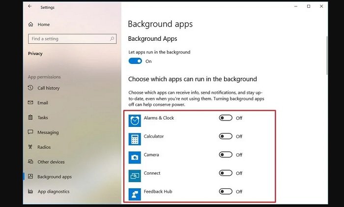 Disable background apps in windows 10