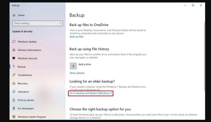 create backup with system image in Windows 10