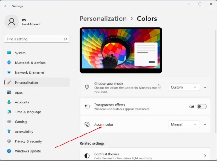 display colors on the title bar in Windows 11